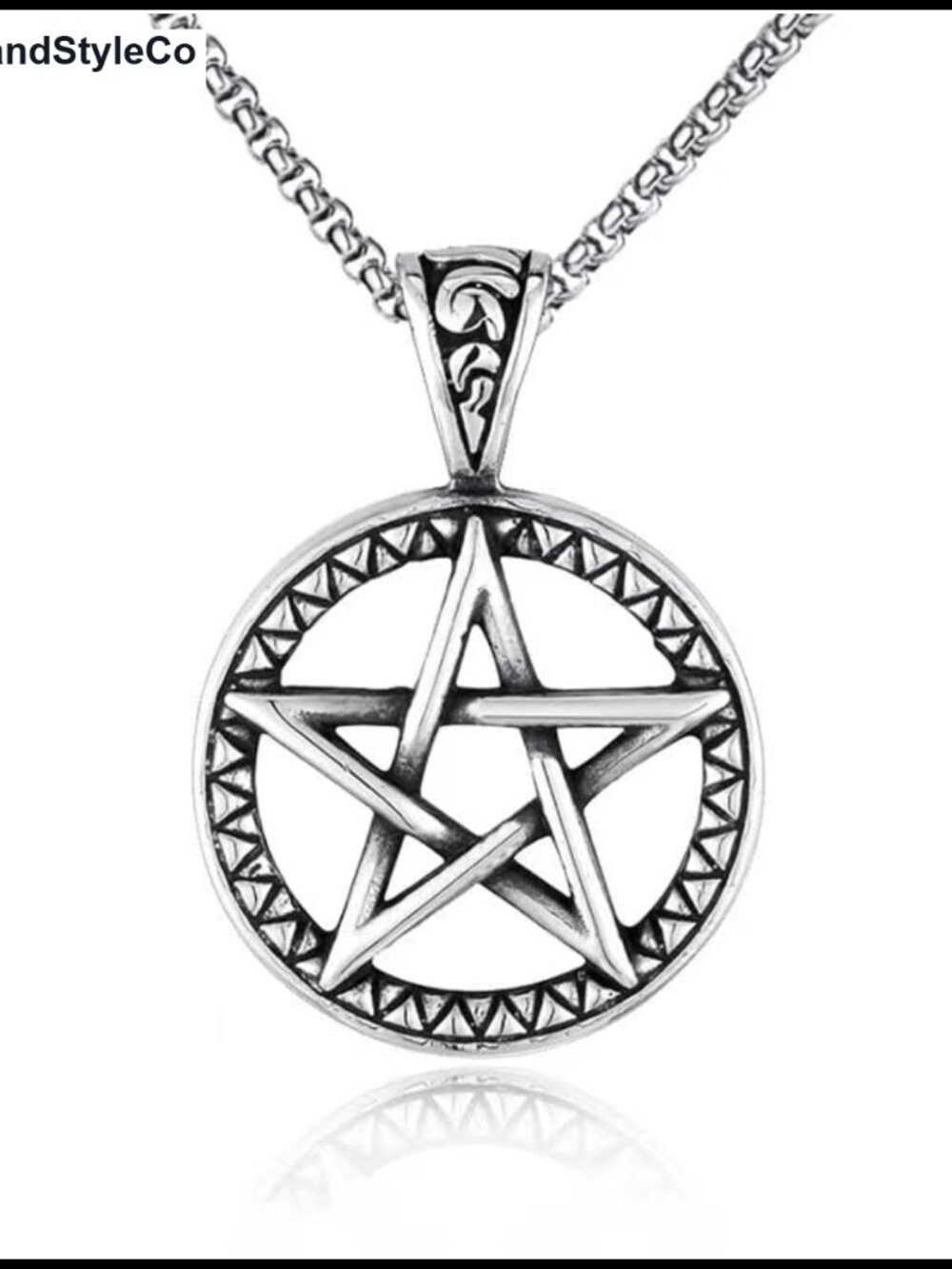 Gothic Pentagram Necklace Stainless Steel Chain Antique Silver, Pendant Jewelry
